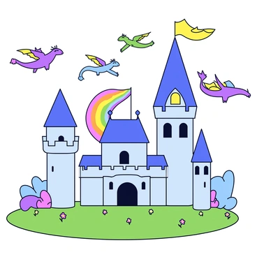 A fantasy landscape featuring multiple tall castles with vibrant banners flapping in the wind. One castle has a tall spire topped with a shimmering flag. In the sky, there are several colorful dragons soaring gracefully. The sky is filled with a gradient of bright colors, resembling a rainbow, which adds a whimsical touch to the scene. The ground is covered with lush green grass and dotted with flowers in various shades.