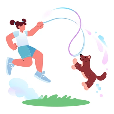 A little girl is jumping rope with enthusiasm, dressed in a colorful t-shirt and shorts. She has her hair in pigtails that bounce as she jumps. Beside her, a playful dog with a shiny coat is leaping into the air, trying to catch the swinging rope with its mouth. The rope is long and vibrant, creating arcs in the air. The ground is grassy, and there are a few trees in the background, adding a sense of outdoor playfulness to the scene.