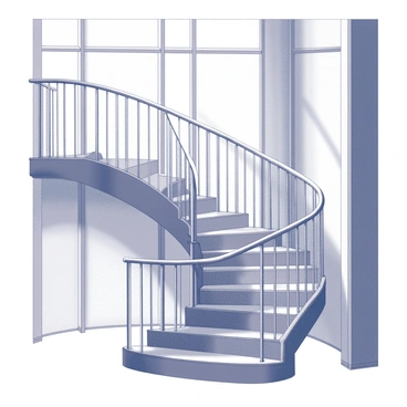 A dramatic spiral staircase is located within a Kingston University building. The staircase features a sleek, metallic handrail that spirals elegantly alongside the steps. The steps are made of polished wood, contrasting with the modern design of the rail. Natural light floods in through large windows, illuminating the staircase and creating intricate shadows on the walls. The surrounding architecture includes clean lines and minimalist design elements, emphasizing the staircase as a central focal point.