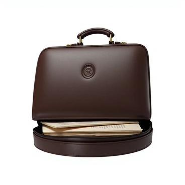 A diplomat's briefcase made of dark brown leather with a polished, textured surface. The briefcase features an embossed seal on the front, adding an element of sophistication. It has a sturdy top handle and a detachable shoulder strap. The briefcase is slightly open, revealing important documents neatly organized inside. The documents are stacked with visible headers, showcasing their official nature. The overall design is elegant and professional, suitable for formal diplomatic engagements.