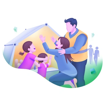 A scene depicting a family reuniting at a shelter after being separated by an earthquake. The setting shows a large tent filled with warm light and various people in the background. In the foreground, a mother with long brown hair, wearing a blue sweater, is kneeling down with open arms, joyfully welcoming her two children, a boy with a red t-shirt and a girl in a pink dress. Nearby, a father with short black hair is embracing a rescue worker in a yellow vest, expressing gratitude. The atmosphere is filled with emotion, capturing the relief and happiness of reunion amidst an urgent situation.
