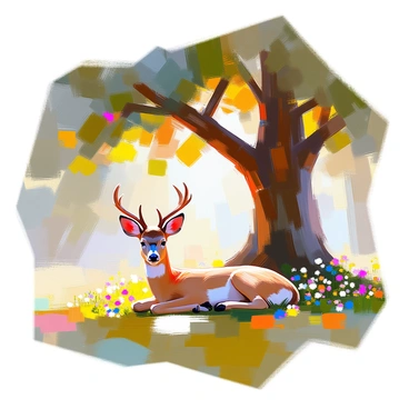 A roe deer with a brownish coat is lying peacefully on the soft grass under the expansive canopy of a large oak tree. The tree's thick trunk is gnarled, and its lush green leaves create dappled sunlight on the ground. Surrounding the deer are clusters of wildflowers in various colors, adding a touch of vibrancy to the serene scene. The grove is framed by other trees, with a few shafts of light breaking through the foliage, illuminating the tranquil setting. The atmosphere is calm and quiet, enhancing the restful demeanor of the deer.