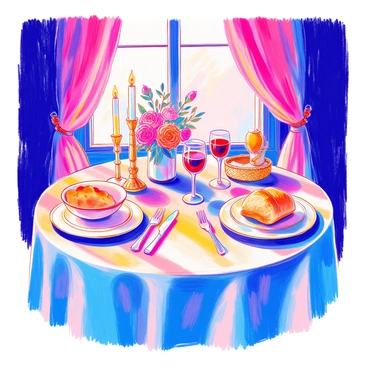 A romantic dinner setting with flickering candles providing soft light and warmth.