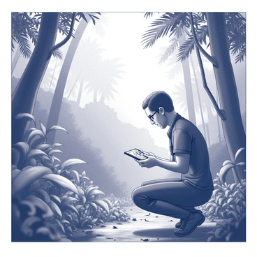 A dense jungle filled with lush foliage and towering trees. The scene is rich with various shades of green from the leaves and undergrowth. In the foreground, a secret agent is crouched, carefully holding a compass in one hand. The agent is wearing tactical gear, which consists of fitted pants and a short-sleeved shirt. The agent’s expression is focused as they analyze the compass. Sunlight filters through the dense canopy, creating dappled shadows on the ground, and hints of wildlife are present with glimpses of birds and insects among the foliage.
