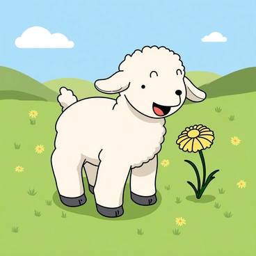 A baby goat munching on dandelions in a sunny, grassy field.