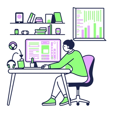 A tech enthusiast is seated at a sleek desk in a modern workspace. The desk features multiple monitors displaying colorful data visualizations and code. Surrounding the enthusiast are various gadgets, including a smartphone, a smartwatch, and a laptop that is open with a bright screen. On the desk, there is also a set of headphones neatly placed beside a charging station. The walls of the workspace are lined with shelves filled with tech books and additional gadgets. A comfortable chair supports the enthusiast as they focus intently on one of the screens.