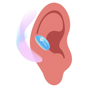 A close-up illustration of a human ear with a colorful hearing aid attached.
