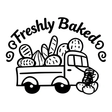 A close-up illustration of a bakery truck logo displaying a variety of baked goods. "Freshly Baked" is prominently written in an artistic font above an assortment of bread loaves, including baguettes and round artisan breads. There are also several pastries arranged attractively, such as croissants and danishes, beside the bread. The elements are intricately detailed, capturing the texture of the dough and the flaky layers of the pastries. The logo is framed by decorative swirls that add emphasis to the bakery theme.