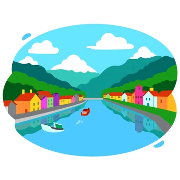 A vibrant depiction of the Isère River gently flowing through Grenoble. The river is surrounded by lush greenery and the banks are lined with a variety of colorful buildings. The reflections of these buildings shimmer on the surface of the water, creating a harmonious blend of colors. Fluffy white clouds drift across a bright blue sky, adding to the lively atmosphere of the scene. A few boats can be seen gliding on the river, enhancing the sense of movement and life in the illustration.