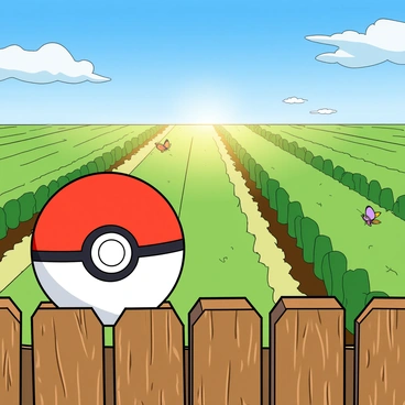 A red and white Pokéball sitting on a rustic wooden fence. The fence has visible wood grain and weathered edges. The background features a sunny farm scene with rows of green crop plants stretching towards the horizon. A bright blue sky is overhead, dotted with fluffy white clouds. The sun casts warm light on the scene, illuminating the colors of the crops and the Pokéball. A few butterflies flutter nearby, adding a playful touch to the environment.