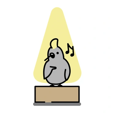 A cockatiel, with gray feathers and a distinctive yellow crest, is standing on a small wooden stage. The bird is holding a tiny flute in its beak, appearing to play a melody. A bright spotlight above illuminates the cockatiel, casting a warm glow on the stage and highlighting its vibrant colors. The wooden stage has a smooth finish, enhancing the intricate details of the bird and creating a focal point for the scene.