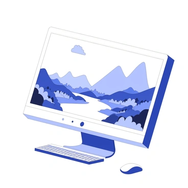 A high-resolution monitor displays a digital landscape. The screen features rolling hills and towering mountains in the background. In the foreground, a winding river flows through a lush valley, dotted with trees and vibrant vegetation. A few fluffy clouds are floating in the clear sky above. The monitor is surrounded by an elegant, modern desk, with a keyboard and a mouse positioned in front of it. The room is softly lit, creating a comfortable workspace atmosphere.