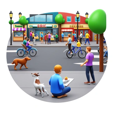 An artist holding a pencil, sketching on a notepad while sitting on a sidewalk. In the background, a busy street corner filled with people walking, some stopping at food stalls, while others wait at a bus stop. There are colorful storefronts with signs and awnings. A cyclist rides past, and a dog on a leash is being walked by its owner. Trees and streetlights line the sidewalk, creating a lively urban atmosphere.