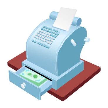 An old-fashioned cash register with intricate details is positioned prominently in the center. The register features shiny metal accents and a vintage design. Beside the register is a drawer that is partially open, revealing a neatly stacked assortment of bills in various denominations. The colors of the bills are vividly represented, showcasing shades of green and blue. The countertop beneath the cash register is made of polished wood, complementing the vintage aesthetic of the scene.