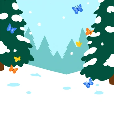 A wintry forest scene with tall, snow-covered pine trees creating a serene atmosphere. Delicate butterflies, with vibrant colors like blue, yellow, and orange, float gently downwards, resembling snowflakes. The ground is blanketed with fresh powdery snow, sparkling under the soft light. A few branches are adorned with a light dusting of snow, while the butterflies gracefully dance through the frosty air. The scene captures the enchanting contrast between the cold, white snow and the colorful butterflies.