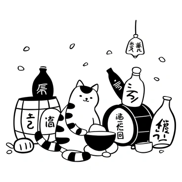 A cat with distinct stripes sitting in front of a small bowl of sake, leaning slightly over the bowl as if savoring the aroma. Surrounding the cat are several sake barrels with traditional Japanese characters and symbols etched onto their surfaces. The setting features a lively atmosphere, with various sake bottles placed nearby, some slightly tipped over, while the background showcases scattered rice grains and delicate paper lanterns hanging above.