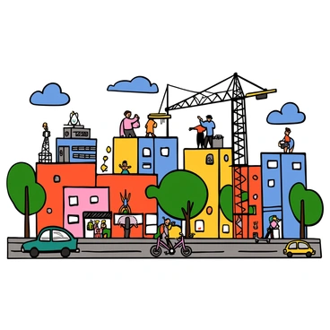A vibrant settlement transitioning into a busy city. The scene showcases several multicolored buildings of varying heights under construction, with cranes and scaffolding present. There are people moving along the streets, some carrying bags, others chatting, and a couple of children playing nearby. A few cars and bicycles are navigating the roads, while trees line the sidewalks, adding a touch of greenery to the urban environment. The sky is clear with a few fluffy clouds, indicating a bright day.