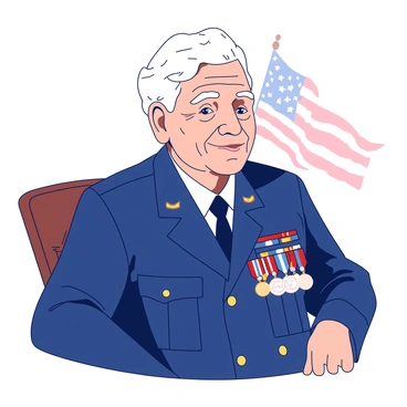 A portrait of an elderly veteran with white hair and a gentle smile. The veteran is wearing a dark blue military uniform adorned with various medals and insignia. His deep-set eyes reflect wisdom and experience. He is seated in a wooden chair, with a soft light illuminating his face, highlighting the lines and textures that tell the story of a life well-lived. In the background, there is a faint outline of an American flag, adding to the sense of honor and respect.