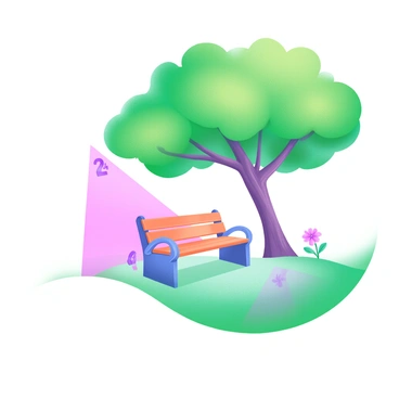 A modern pastel illustration depicting a park bench positioned under a large, leafy tree. The tree has a thick trunk and a canopy of green leaves. The sunlight filters through the leaves, creating soft shadows on the ground. The shadows cast by the bench and the tree intersect at distinct angles of 2 and 5 degrees. The surrounding area features a grassy lawn with small flowers blooming nearby, enhancing the serene atmosphere.