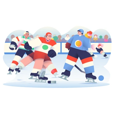 A group of hockey players in colorful jerseys is skating on a polished ice rink. Their jerseys, in shades of blue, red, and white, are fluttering as they move quickly across the ice. The players are in various poses, showcasing their intensity and focus. One player is leaning forward with a determined expression as he prepares to take a shot, while another is skating fast with his stick raised, ready to intercept the puck. The ice surface glistens under bright lights, reflecting the action of the game. Spectators in the background are visible, adding to the energetic atmosphere of the scene.