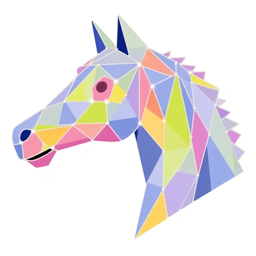A crystalline horse head with sharp geometric facets that captures and reflects light. The surface of the horse head displays vibrant prismatic colors, creating a rainbow effect as light interacts with the crystals. The head is finely detailed, showing a strong jawline and the delicate structure of the ears. The background is plain to emphasize the beauty and complexity of the crystalline horse head.