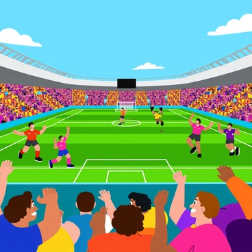 A vibrant football stadium filled with enthusiastic fans. The stands are overflowing with people, all wearing various team jerseys in bright colors. Many fans are waving colorful banners and flags, creating a lively atmosphere. The field is covered in lush green grass, and vibrant floodlights illuminate the scene. Excited expressions can be seen on the faces of the fans, with some jumping in joy and others holding their hands up in celebration. A large scoreboard displays the score, and the sky above is clear with a few fluffy white clouds.