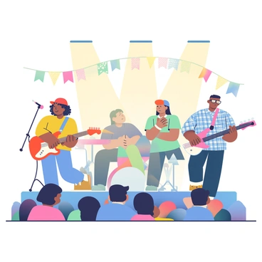 A lively band is performing on a small stage, with bright spotlights illuminating them. The band consists of four members: a singer with short curly hair, wearing a yellow t-shirt, and holding a microphone. A guitarist with long hair and a red cap is playing an electric guitar next to her. A bassist with glasses is standing on the other side, dressed in a blue plaid shirt. In the back, a drummer is energetically playing a set of drums. The audience in front of the stage is clapping and enjoying the performance. Colorful banners with the words "Catchy Brand Jingle" are hanging around the stage, adding to the festive atmosphere.