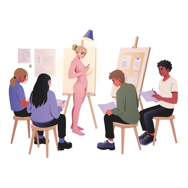 A digital flat illustration depicting a life drawing session in an art studio. In the foreground, there are several students seated on stools, each focused intently on their sketchbooks. The students vary in appearance; one has light brown hair tied back and is wearing a blue shirt, another has curly black hair and is dressed in a green sweater, while a third student has short blond hair and is in a white t-shirt. Each student is holding a pencil and actively sketching. In the center, a model is posing under a bright spotlight, showcasing a graceful stance with an elegant expression. The background features easels set up with various artworks displayed, and soft lighting adds a warm ambiance to the scene.