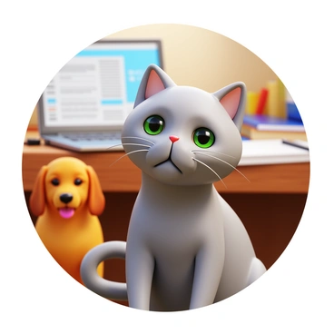 A cat with gray fur peering into the camera with bright green eyes. Its whiskers are prominent, and its ears are perked up, showing curiosity. In the background, there is a home office setting with a laptop open and a desk cluttered with notebooks and pens. A small dog, a golden retriever puppy, is sitting beside the cat, also looking at the camera with its tongue out and a playful expression. The lighting is warm and inviting, highlighting the pets' features and the cozy atmosphere of the home webinar.