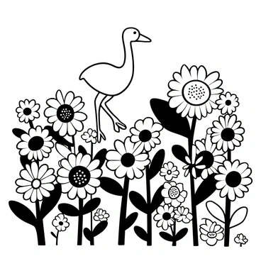 A "cigogne" standing tall in a field filled with numerous sunflowers, each flower facing towards the same direction. The "cigogne" has long legs and a slender neck, its wings slightly spread as if ready to take flight. The sunflowers vary in size, creating a dense field with large, circular heads and broad leaves. Some sunflowers have their petals fully open while others are in various stages of bloom, providing a textured background surrounding the "cigogne."