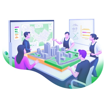 A modern meeting room featuring urban planners engaged in discussion around a detailed city model. The room is brightly lit with large windows providing natural light. The city model is prominently displayed on a rectangular table, showcasing miniature buildings, roads, and parks. Several planners, a mix of genders and ethnicities, are gesturing towards the model and taking notes. On the walls, there are large maps and diagrams of the city. A whiteboard in the background has notes and ideas written in colorful markers. The atmosphere is one of collaboration and focus.