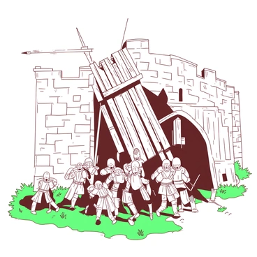 A tall wooden siege tower, constructed with thick beams and featuring a pointed top, is being pushed towards a massive stone castle wall. The tower is adorned with ropes and pulleys for operation, and it has small windows along its sides. A group of armored soldiers is straining as they maneuver the tower forward, their faces showing determination. The castle wall is formidable, featuring battlements and a heavy wooden door. Lush green grass is surrounding the base of the wall, contrasting with the wooden texture of the tower.