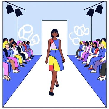 A fashion runway with a sleek, modern design. The runway is illuminated with bright spotlights, highlighting a model walking confidently. The model is wearing a dress that transforms in color and pattern with each step taken. The dress features various geometric shapes and vibrant hues, including blue, yellow, and red. The audience is visible in the background, captivated by the spectacle. A backdrop displays stylized fashion-related graphics, enhancing the overall atmosphere of the show.