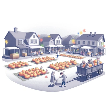 A small town is bustling with activity during an autumn festival. Rows of vibrant pumpkins are arranged in large patches, showcasing various sizes and shapes. Families gather around, selecting their favorite pumpkins to take home. Nearby, a wooden hayride wagon, filled with hay bales, is lined up with children and adults ready to take a journey through the scenic landscape. Colorful decorations and autumn leaves create a festive atmosphere. Stalls with local crafts and seasonal treats are set up, adding to the charm of the event.