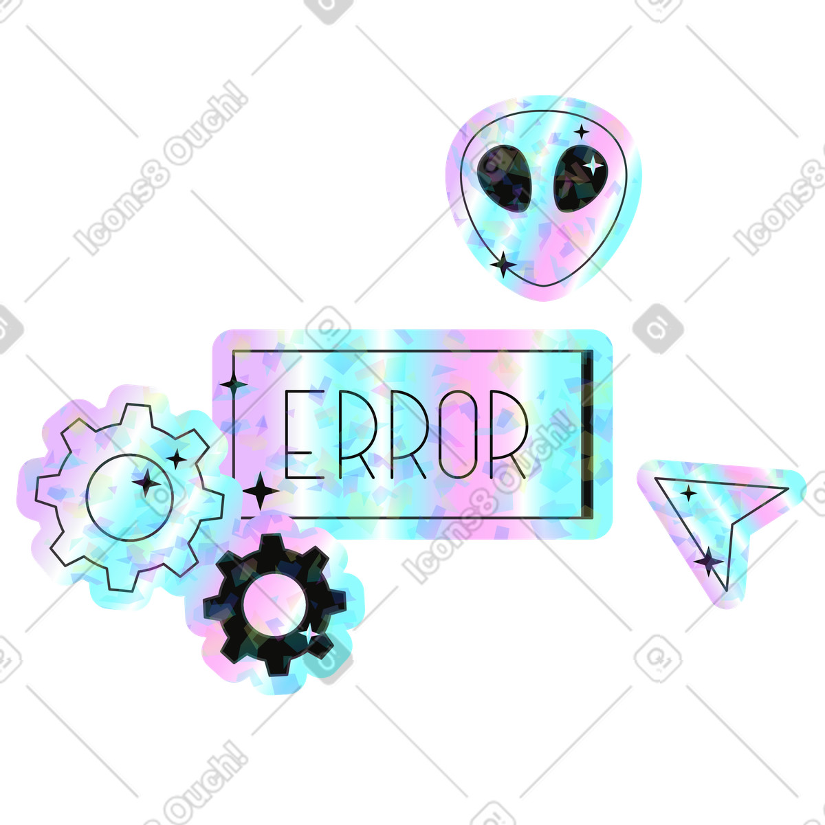 Lettering Error with alien illustration in Holostickers style download in PNG, SVG