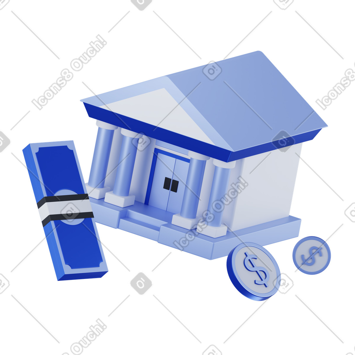 Money saving with bank building, banknotes and dollar coins animated illustration in GIF, Lottie (JSON), AE
