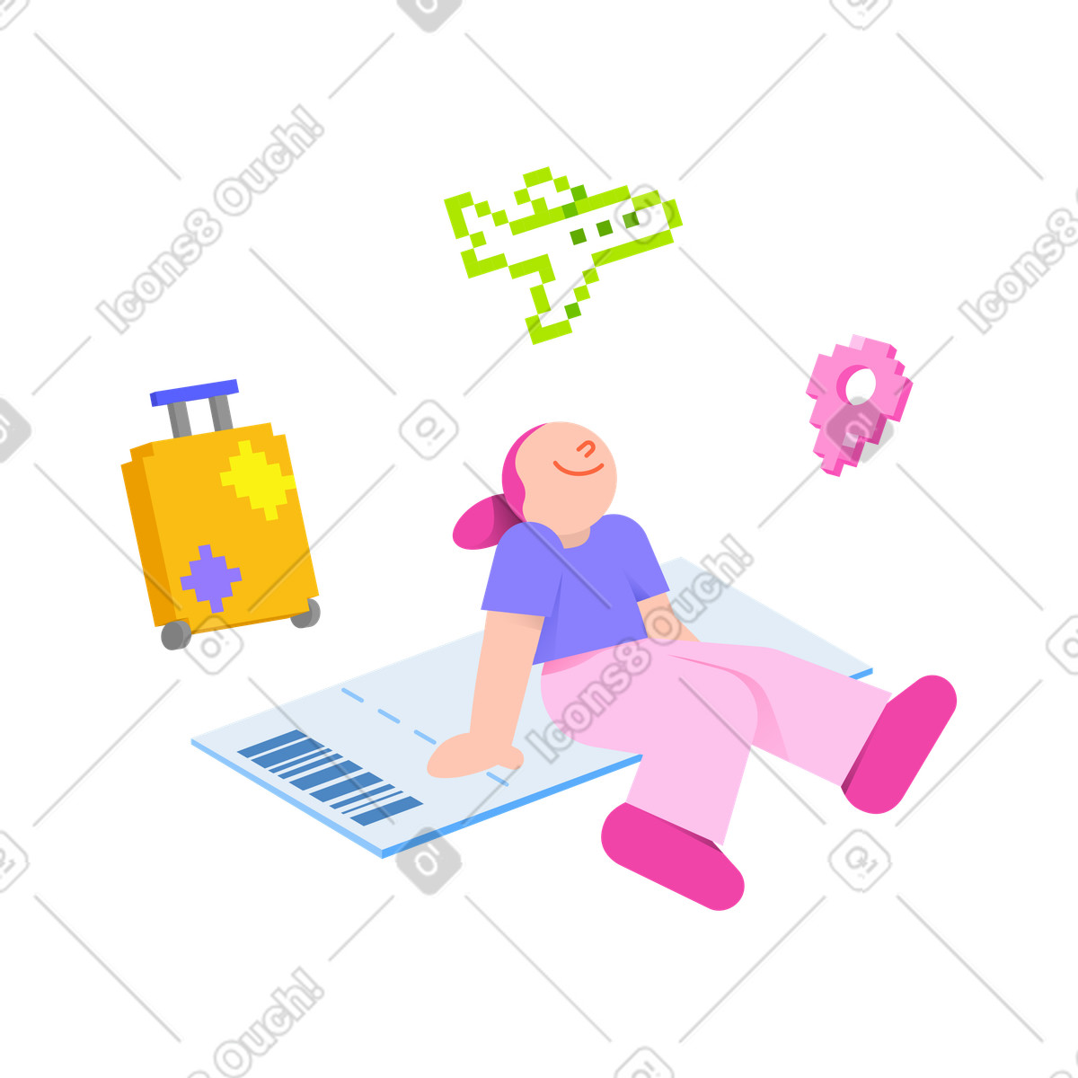 Woman dreaming about travel and adventure illustrazione in stile 8bit scarica in PNG, SVG