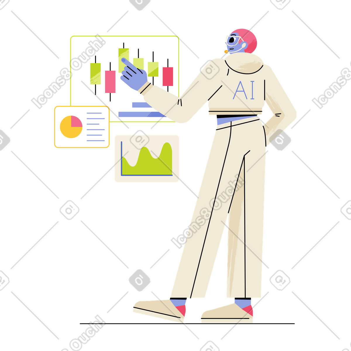 Artificial intelligence examining candlestick graph, AI in business insights and data-driven decision illustration Juicy style download PNG, SVG