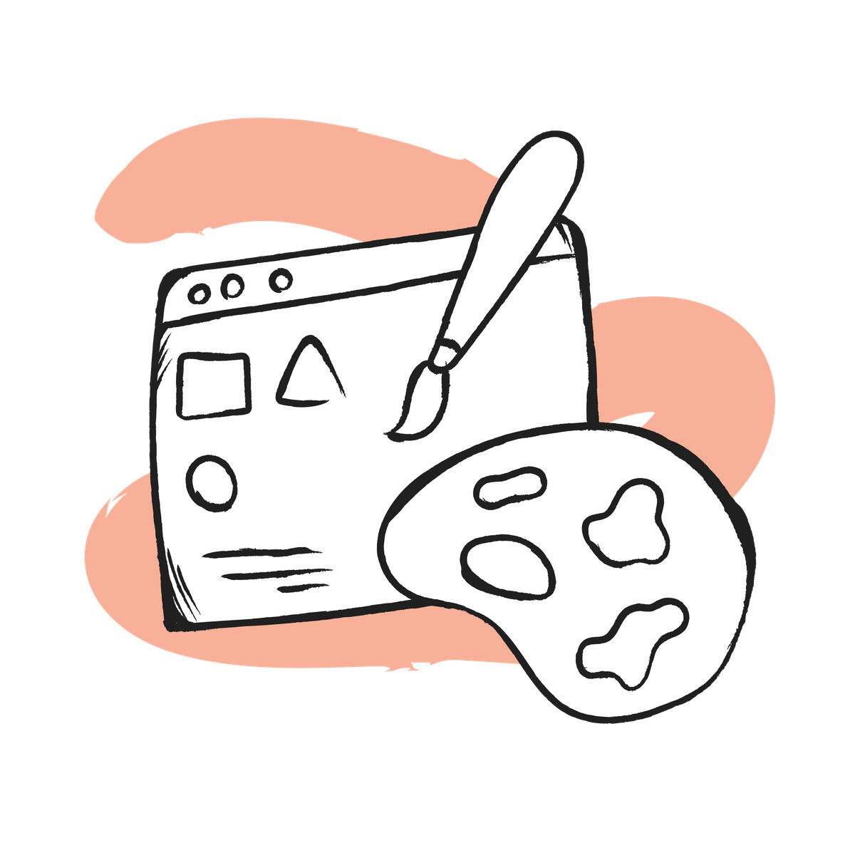 Browser window with website mockup, brush and paint palette illustration in Pixeltrue icons style download in PNG, SVG