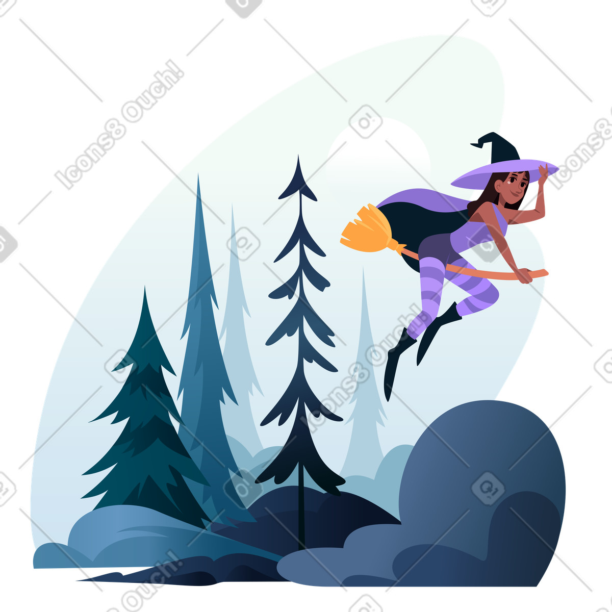 Ilustração de Bruxa em uma vassoura voa sobre a floresta noturna no estilo Vivid para baixar PNG, SVG