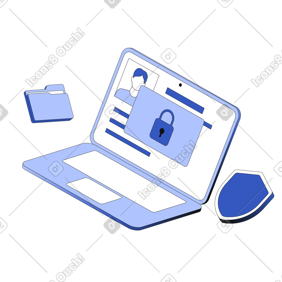 Personal profile on laptop with shield and lock, Cybersecurity safe login illustration in Techny style download in PNG, SVG