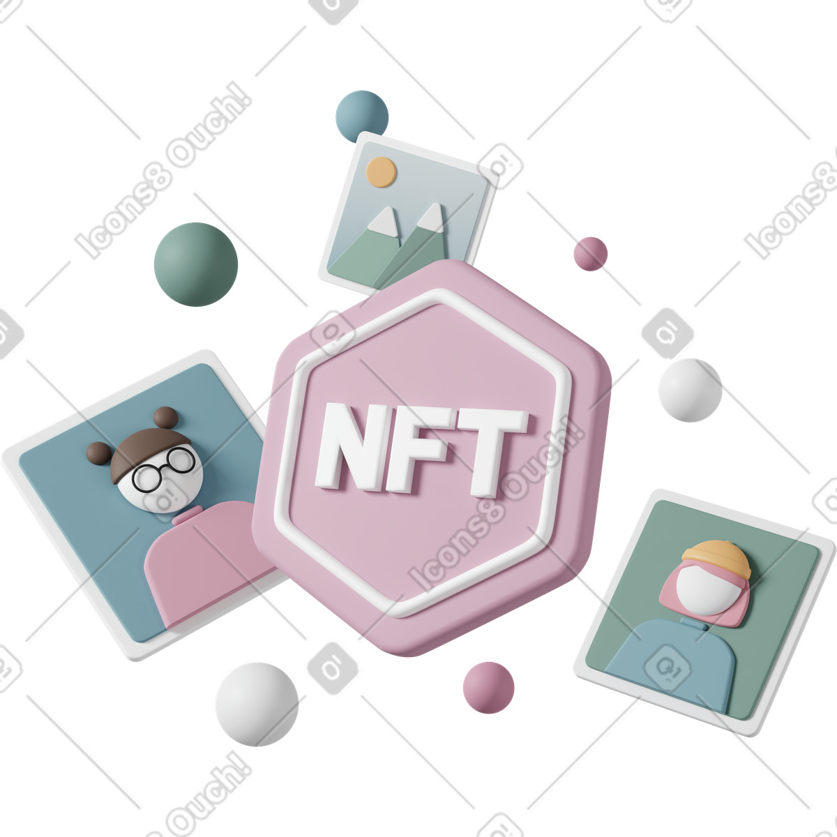 Иллюстрация Nft badge with avatar cards, digital art collectibles and crypto assets в стиле 3D Casual life — скачать в форматах PNG, SVG