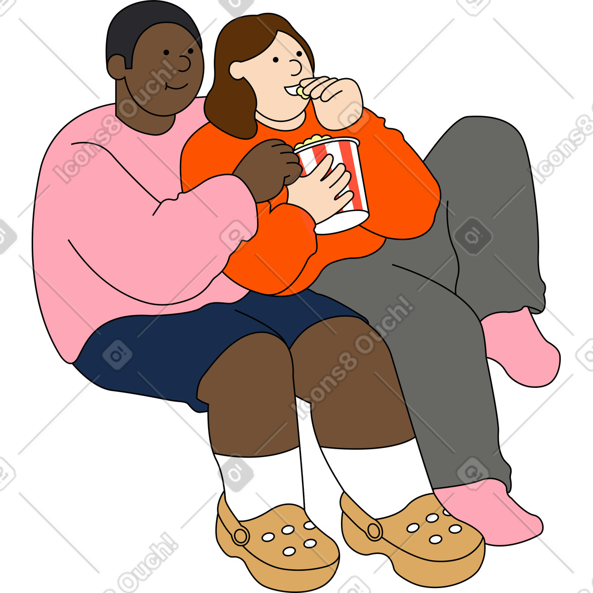 Young man and woman sitting eating popcorn illustration in Kindy style download in PNG, SVG