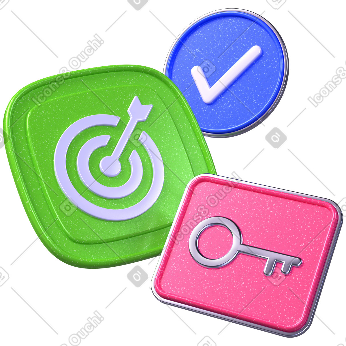 Bullseye with check mark and key, objectives key results in project planning, business goal achievement illustration 3D Boost style download PNG, SVG