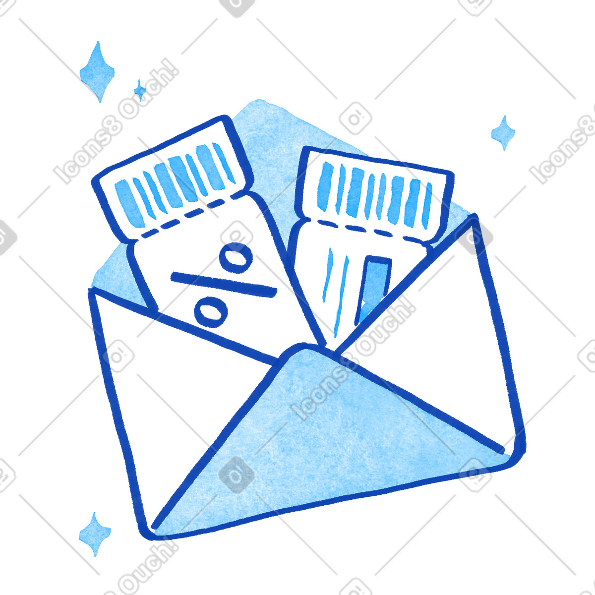 下载 Tint 风格的 Envelope with discount coupon tickets and sparkling decorative stars around 插画，支持 PNG、SVG 格式