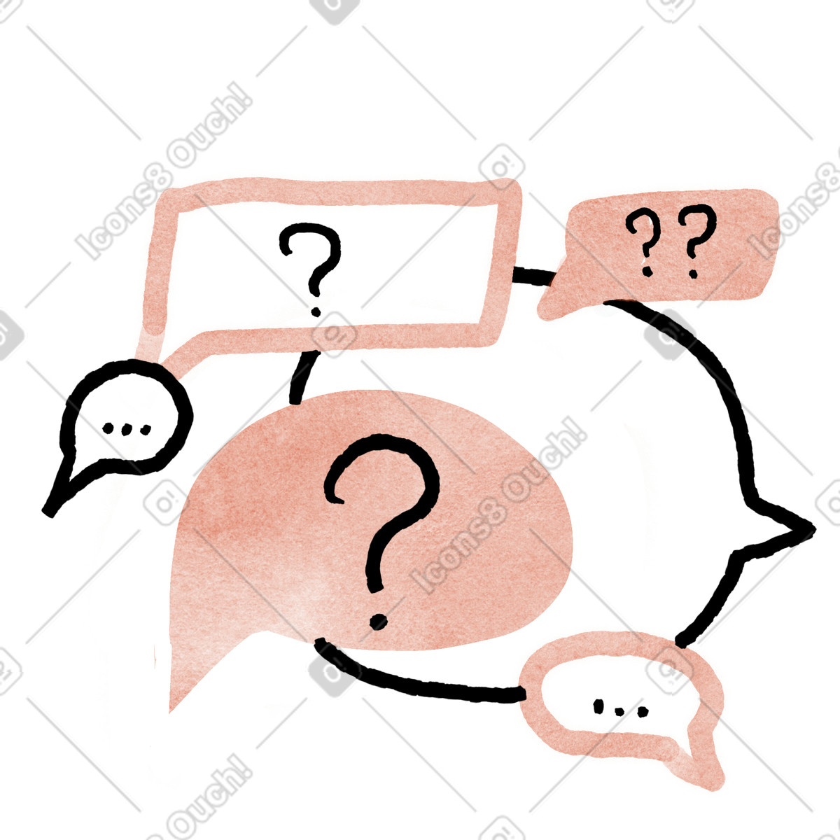 下载 Anthropic Claude Hand Drawn 风格的 Questions speech bubbles with question marks expressing confusion and doubt 插画，支持 PNG、SVG 格式