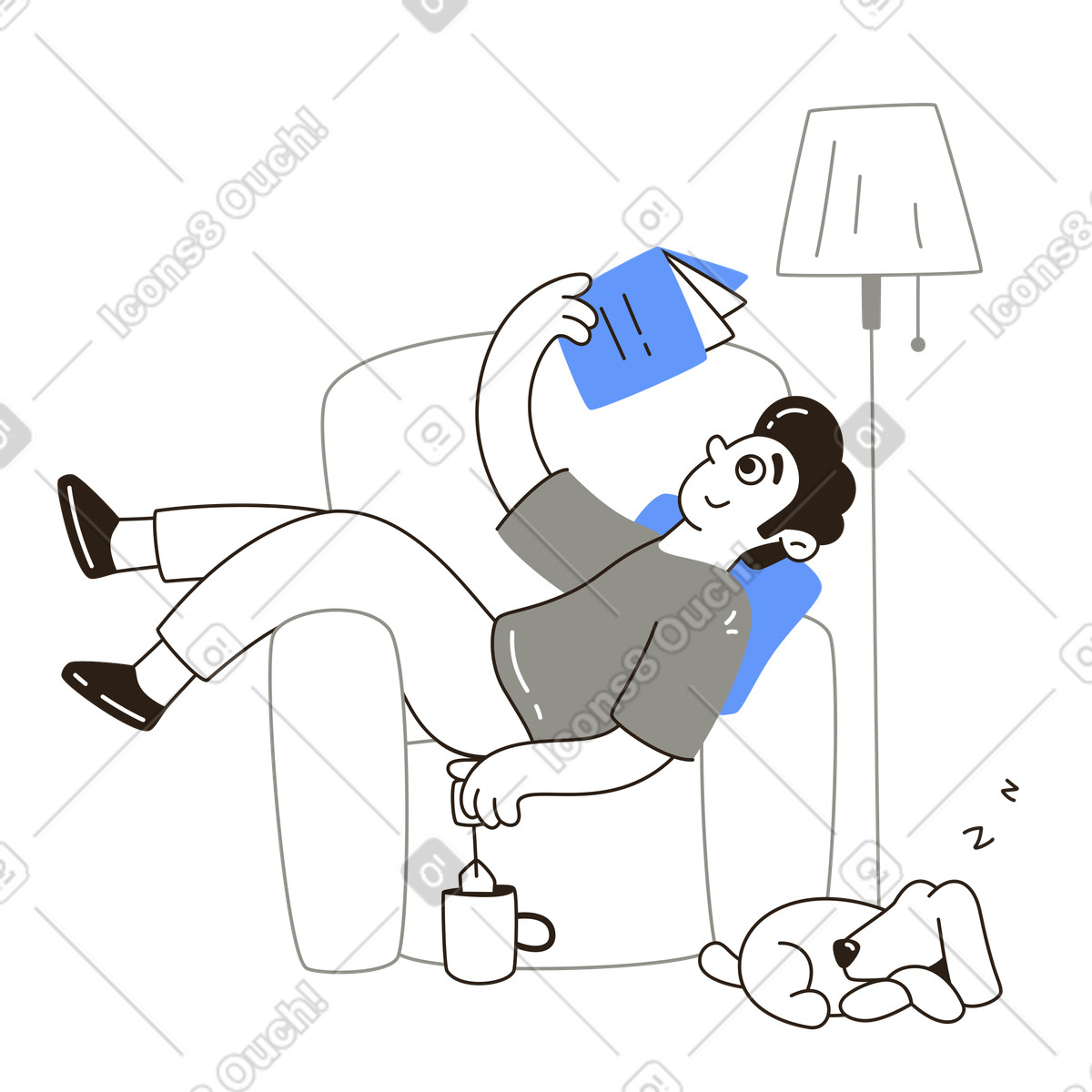 Illustration Se prélasser dans un fauteuil avec livre et chien, lecture détente agréables, passe-temps d'intérieur calme le style Plain à télécharger aux formats PNG, SVG