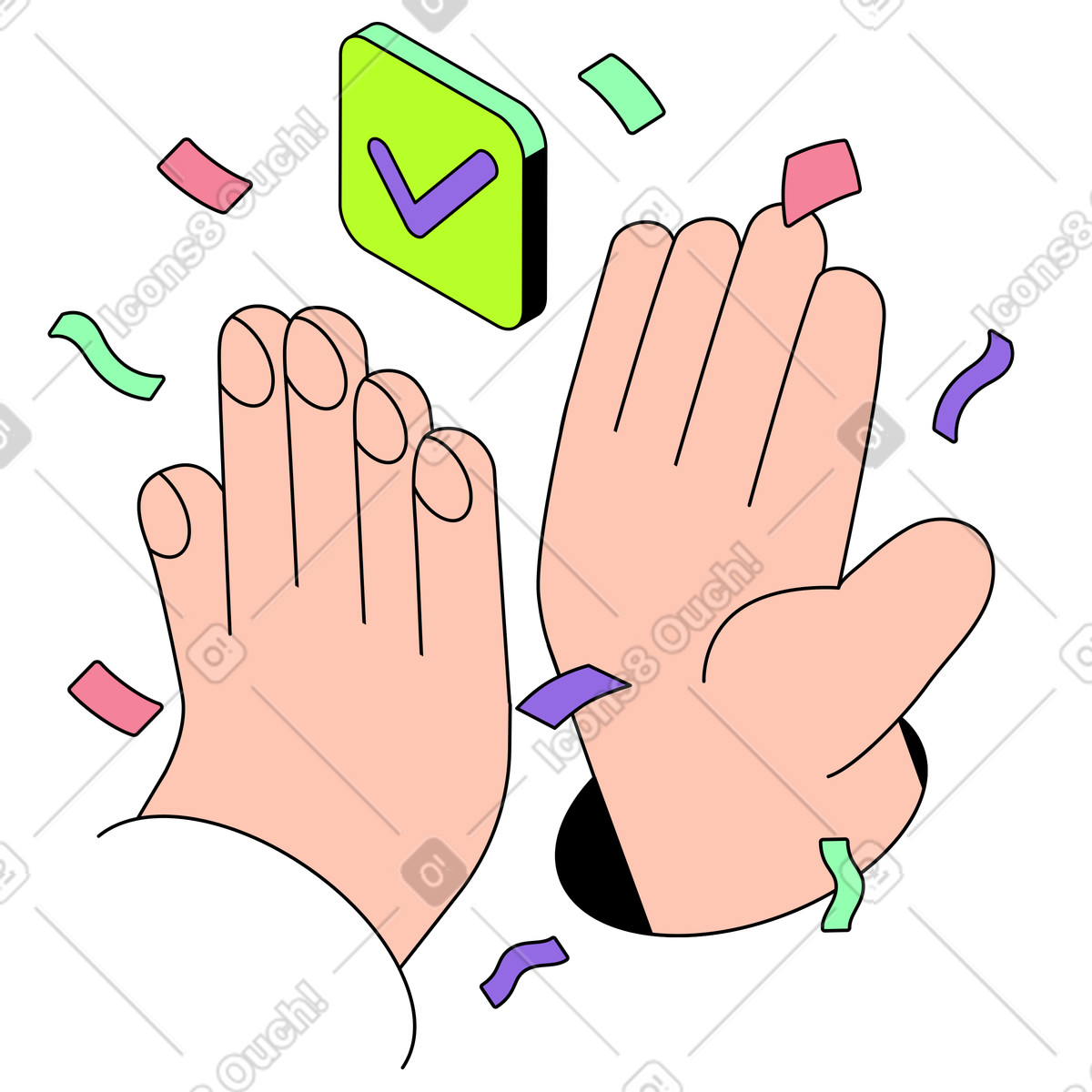 Celebratory high five with check and confetti animated illustration in GIF, Lottie (JSON), AE
