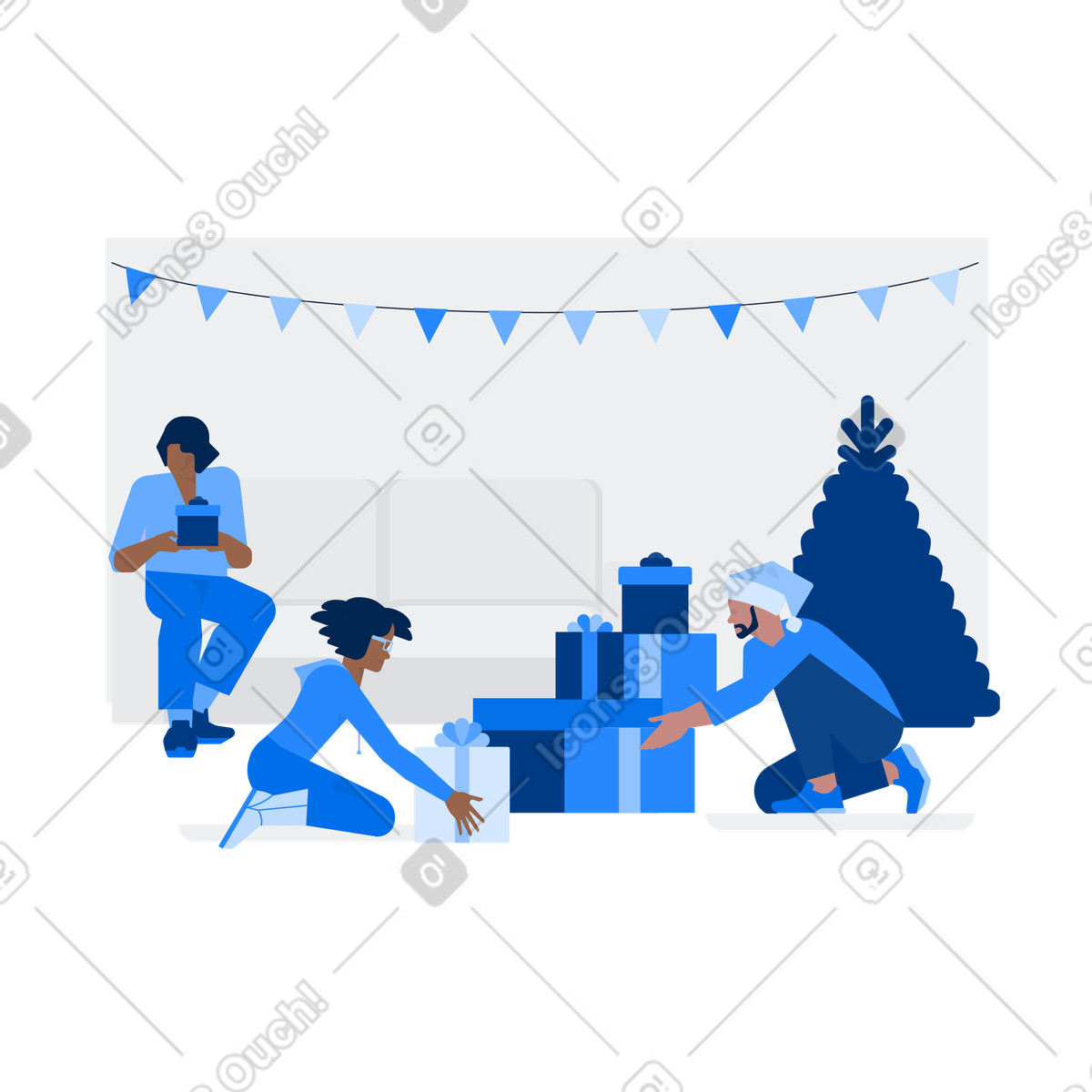 Illustration Famille préparant des cadeaux pour noël dans le style Urban à télécharger aux formats PNG, SVG