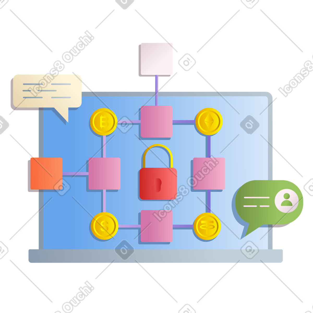 Closed blockchain network on laptop illustration in PNG, SVG
